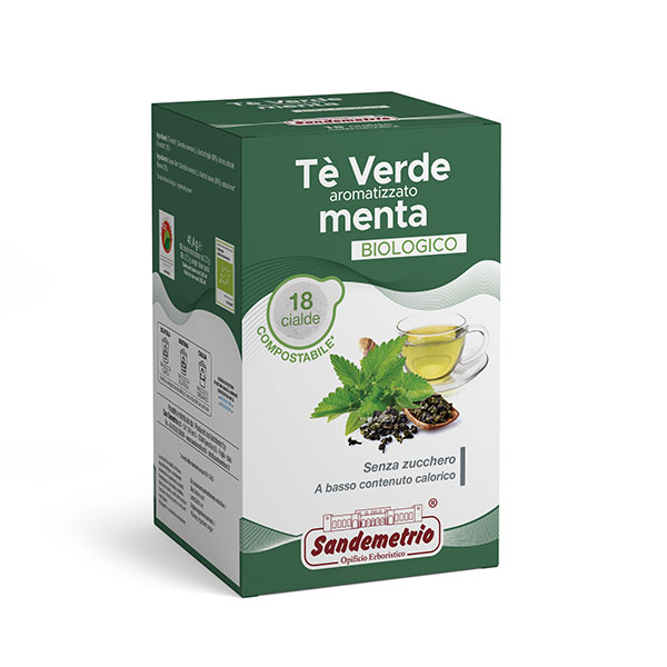 Sandemetrio Tè verde aromatizzato menta (Tè pregiato biologico - astuccio da 18 cialde)